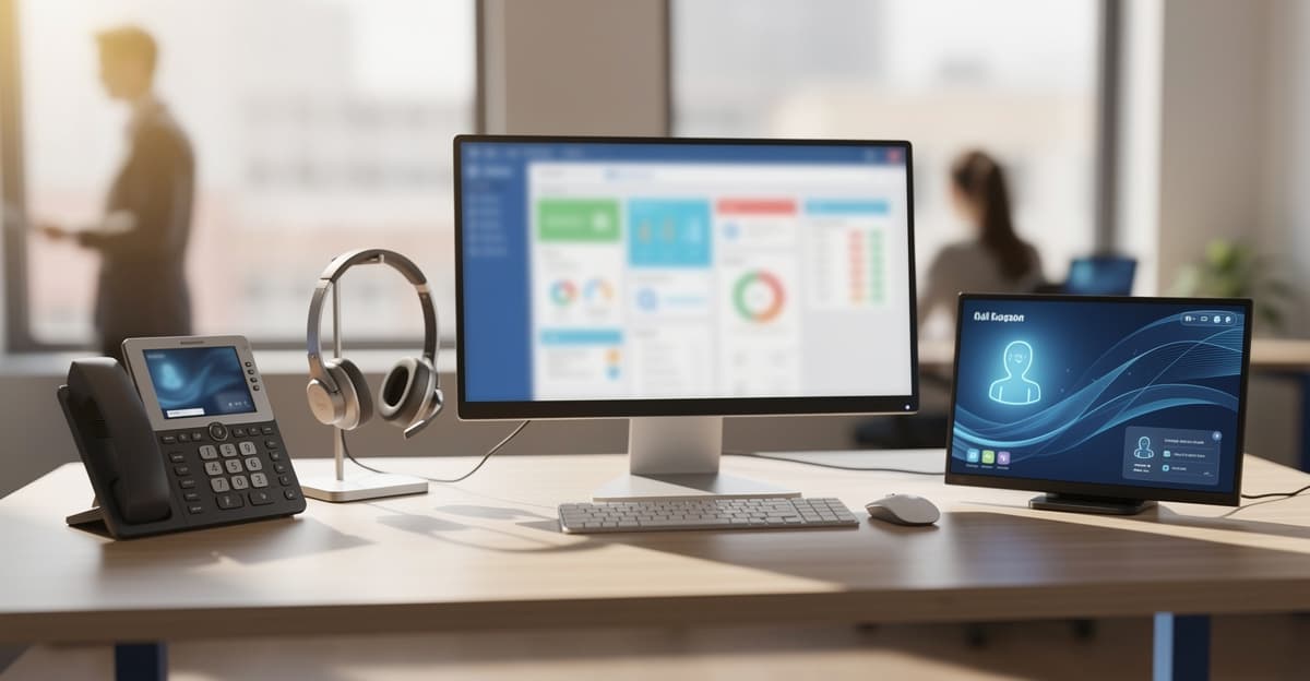 Bureau moderne avec répondeur professionnel, interface d’appels et assistant IA sur un fond lumineux
