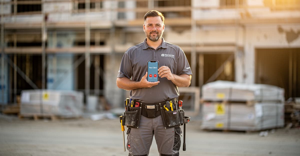 Artisan sur chantier consultant son téléphone pour un secrétariat téléphonique externalisé artisan
