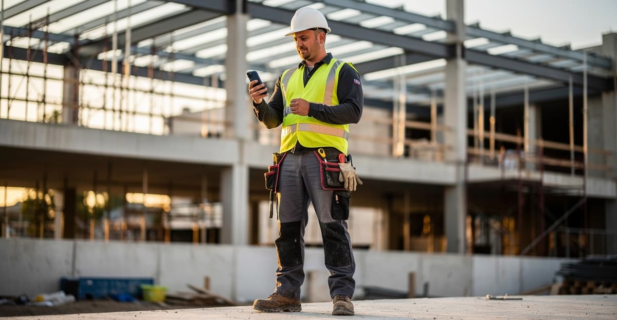 Artisan sur chantier consultant sa solution accueil téléphonique sur smartphone