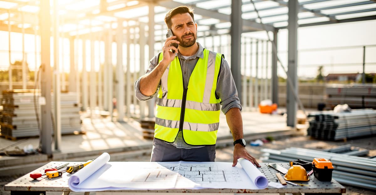 Artisan sur chantier gérant un transfert appel professionnel depuis son smartphone entre deux interventions